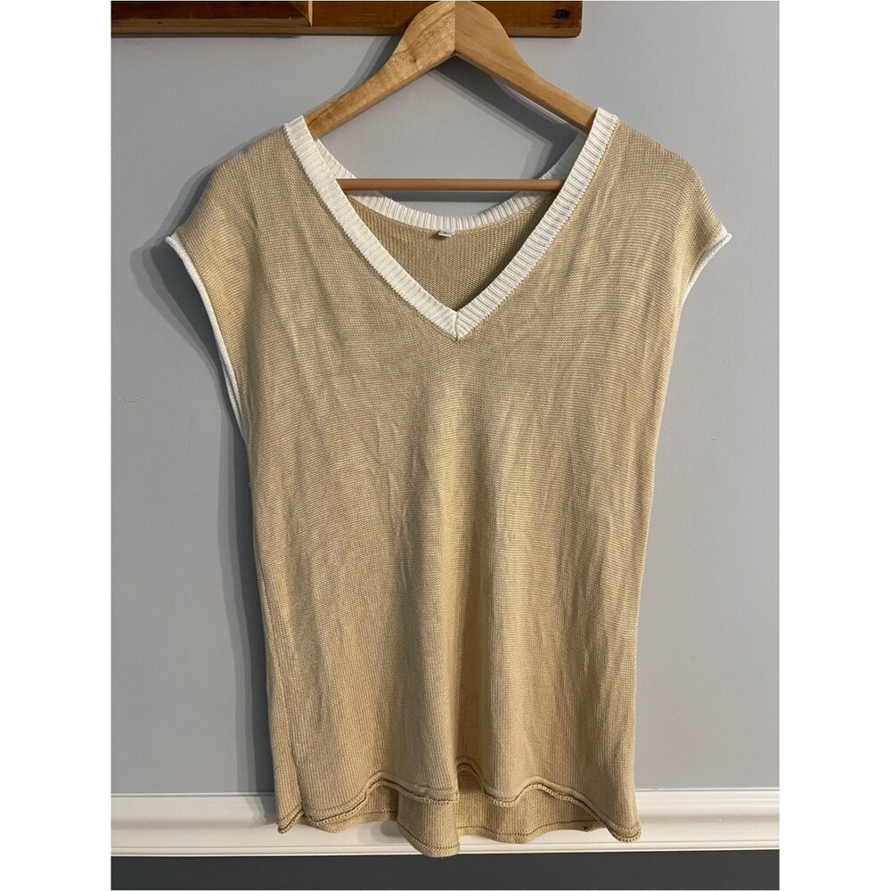Coastal Knit Sweater Vest Top Beige Ivory Contrast Trim Cap Sleeve